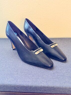 Vintage Etienne Aigner Black Leather Buckle Pumps
